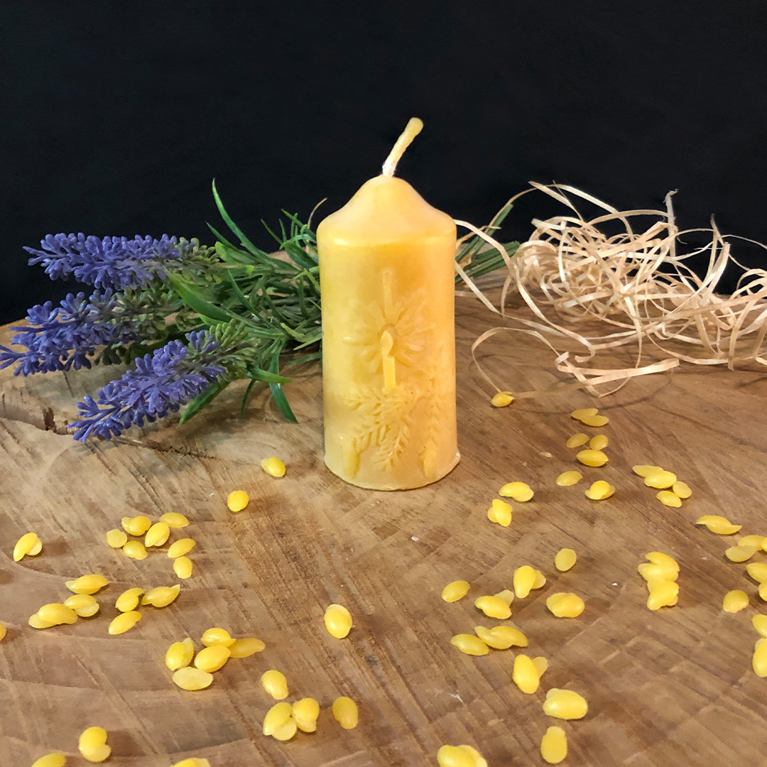 Bienenwachskerze Stumpfkerze"Advent" mit Zweig
